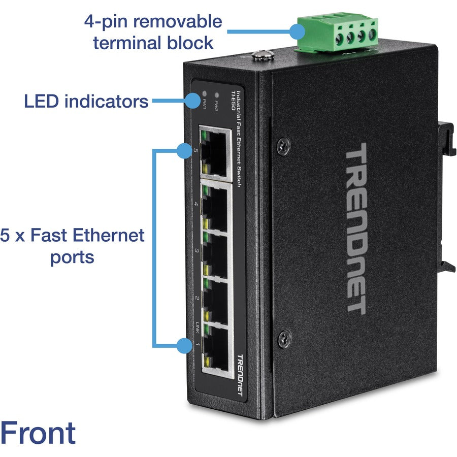 TRENDnet TI-E50 5-Port Industrial Fast Ethernet DIN-Rail Switch, IP30, -40? ? 75?C Operating Temperature Range, Lifetime Protection, Black