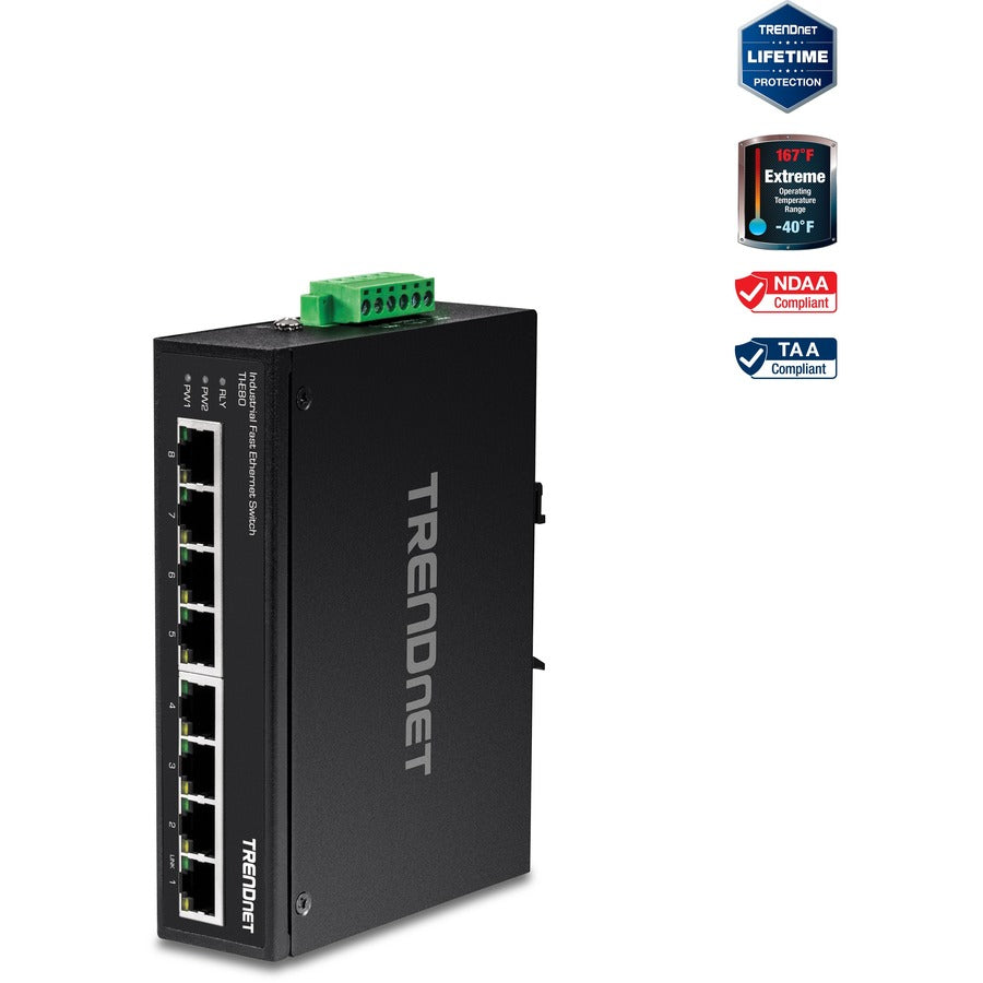 TRENDnet TI-E80 8-Port Industrial Fast Ethernet DIN-Rail Switch, 1.6Gbps Switching Capacity, IP30 Metal Switch, Lifetime Protection