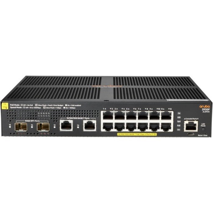 Aruba 2930F 12G PoE+ 2G/2SFP+ Switch, 16 Network Ports, Lifetime Warranty