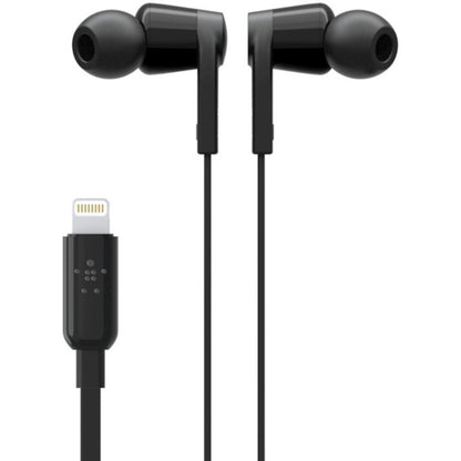 Detailed view of Belkin ROCKSTAR earbuds showing acoustic design and Lightning connector-alternate-image4