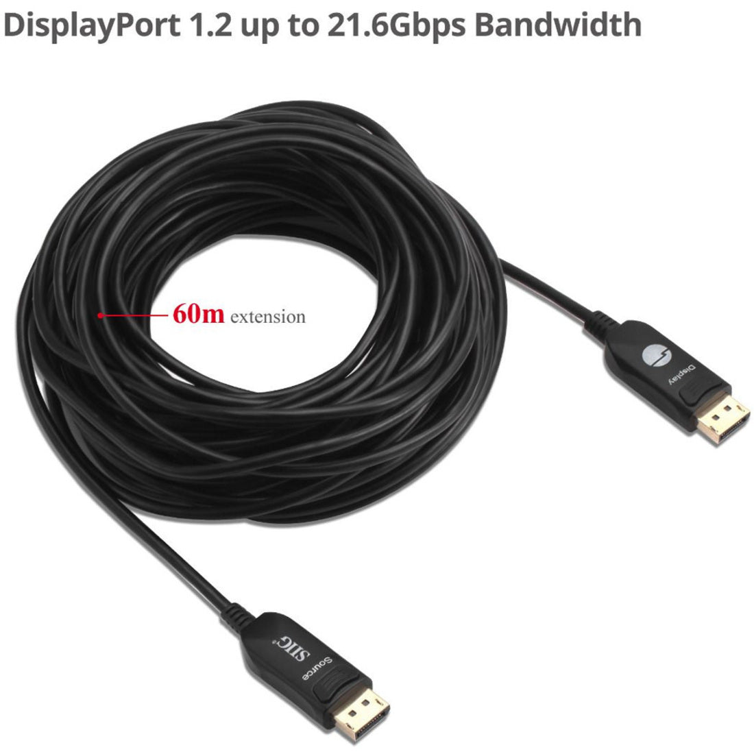 SIIG CB-DP2511-S1 4K DisplayPort 1.2 AOC Cable - 60M, Plug & Play, 21.6 Gbit/s Data Transfer Rate, 196.85 ft Cable Length
