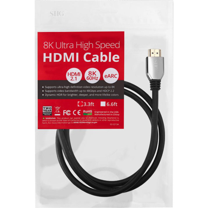 SIIG CB-H21411-S1 8K Ultra High Speed HDMI Cable - 3.3ft, HDCP 2.2, EMI/RF Protection, Gold Plated Connectors