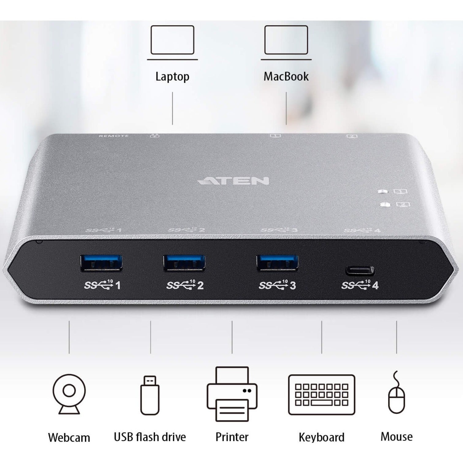 ATEN US3342 2-Port USB-C Gen 2 Sharing Switch with Power Pass-through, USB Hub for Mac and PC