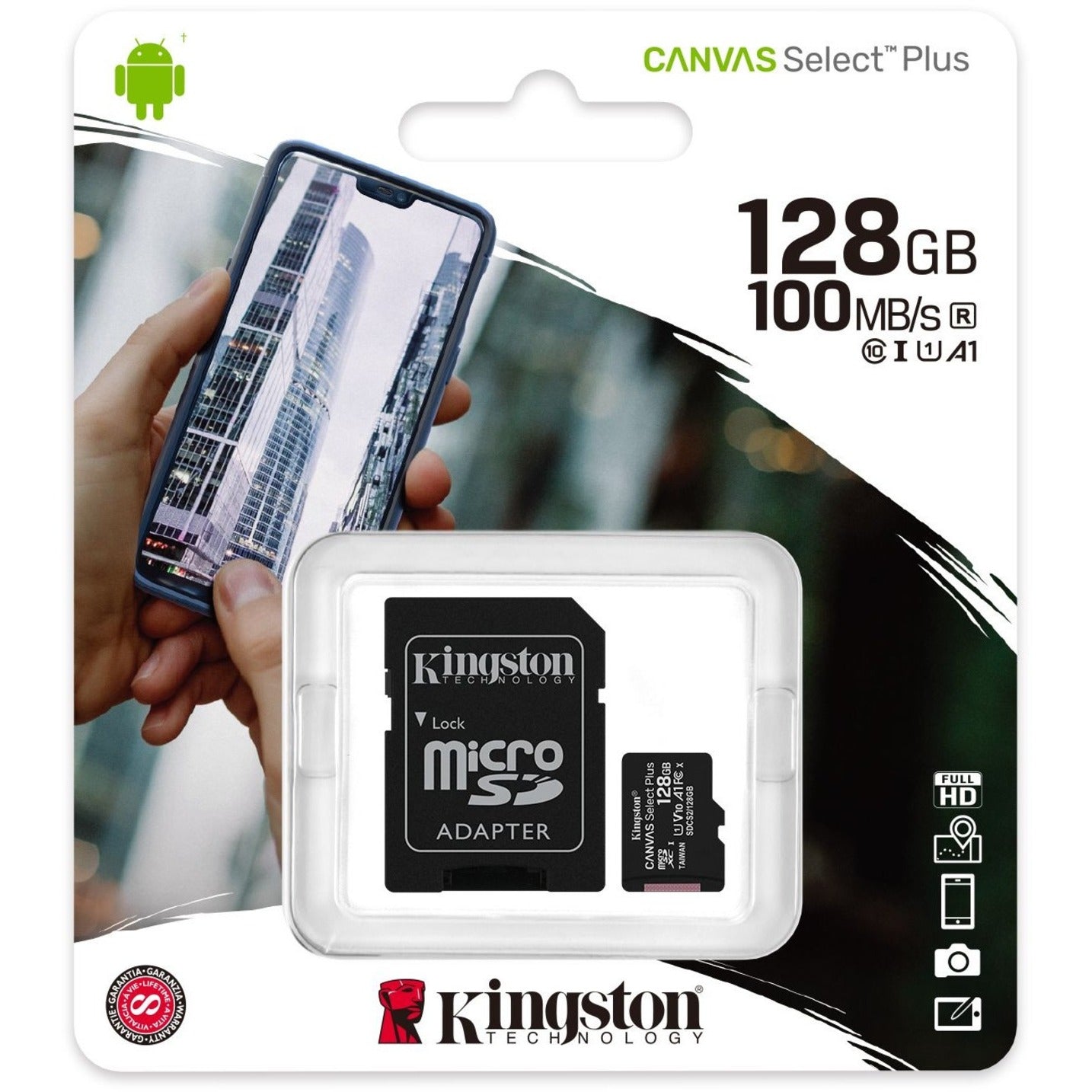 Kingston SDCS2/128GB Canvas Select Plus microSD Karte mit Android A1 Leistungsklasse 128GB Speicherkapazität 100 MB/s Lesegeschwindigkeit Klasse