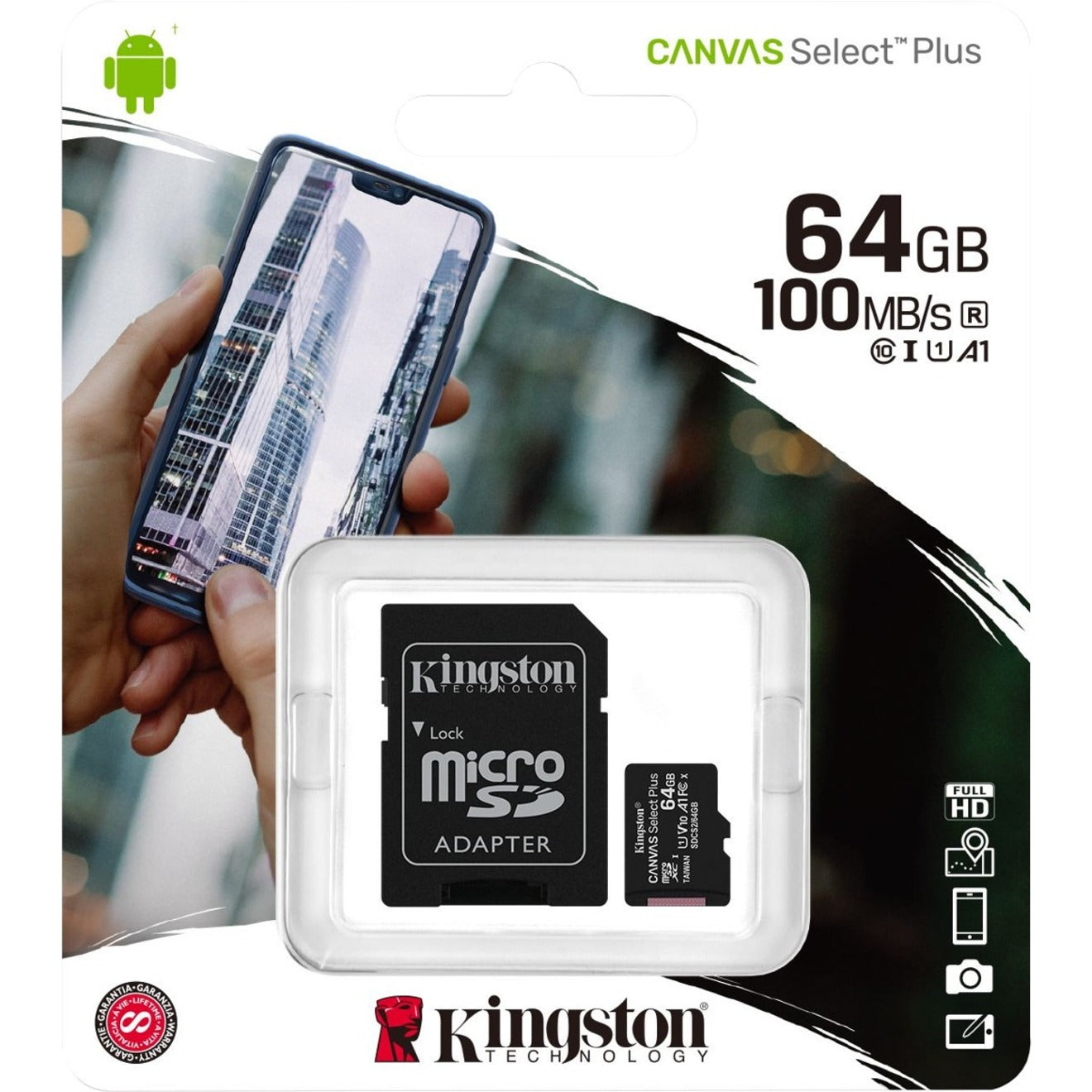 Kingston SDCS2/64GB Canvas Select Plus microSD Card With Android A1 Performance Class, 64GB Storage, 100MB/s Read Speed