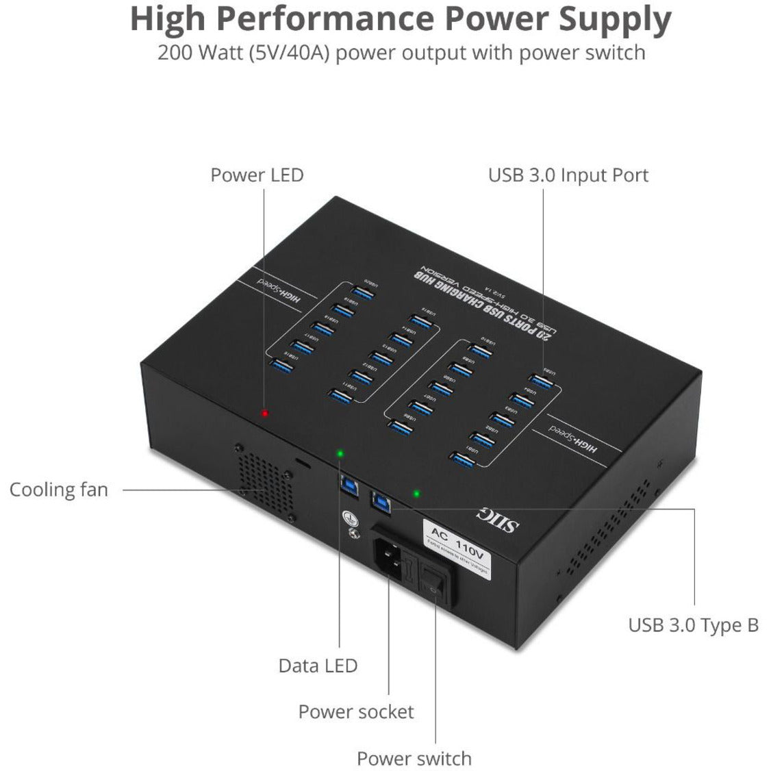 SIIG ID-US0611-S1 20-Port Industrial USB 3.0 Hub with Charging, High-Speed Data Transfer and Charging for Multiple Devices