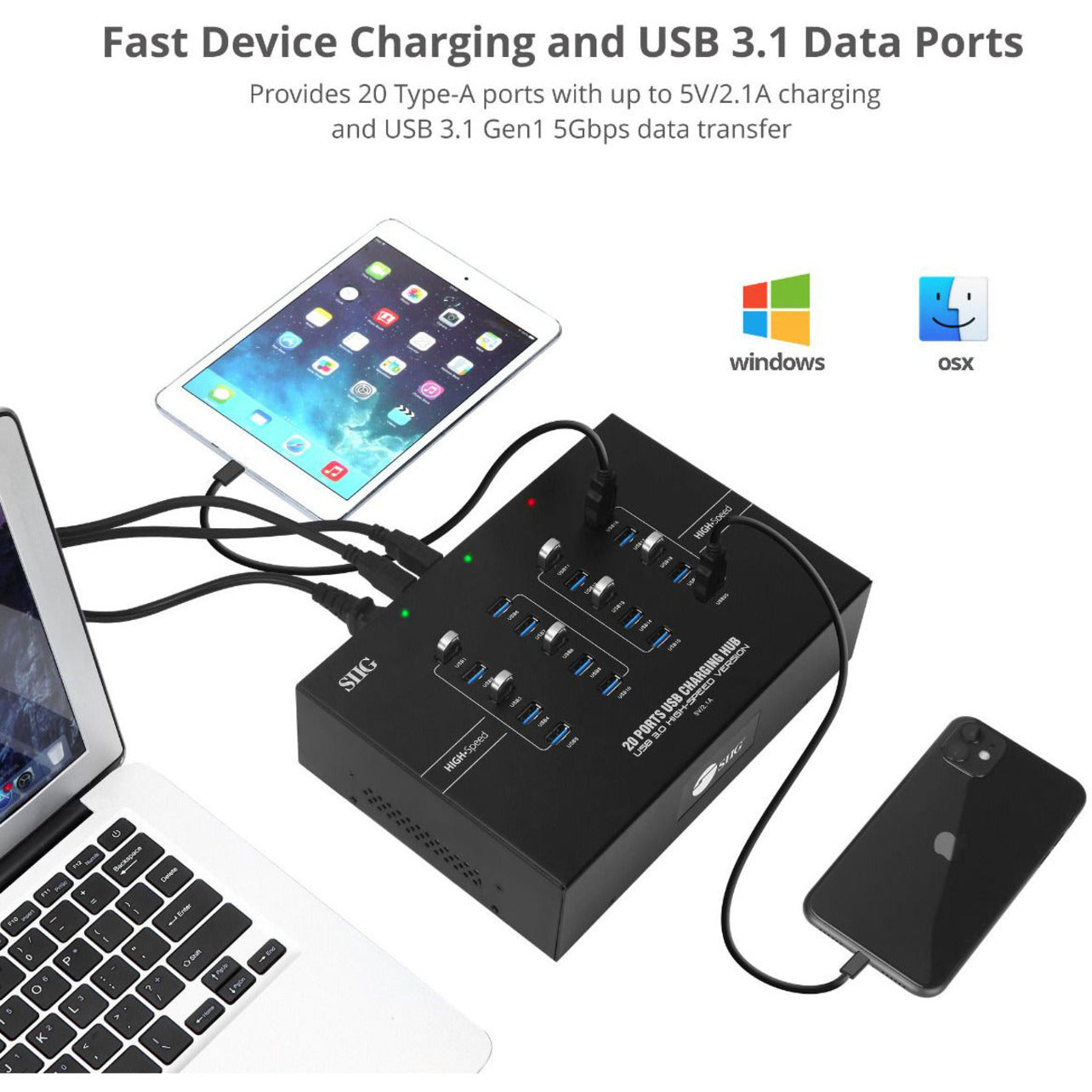 SIIG ID-US0611-S1 20-Port Industrial USB 3.0 Hub with Charging, High-Speed Data Transfer and Charging for Multiple Devices