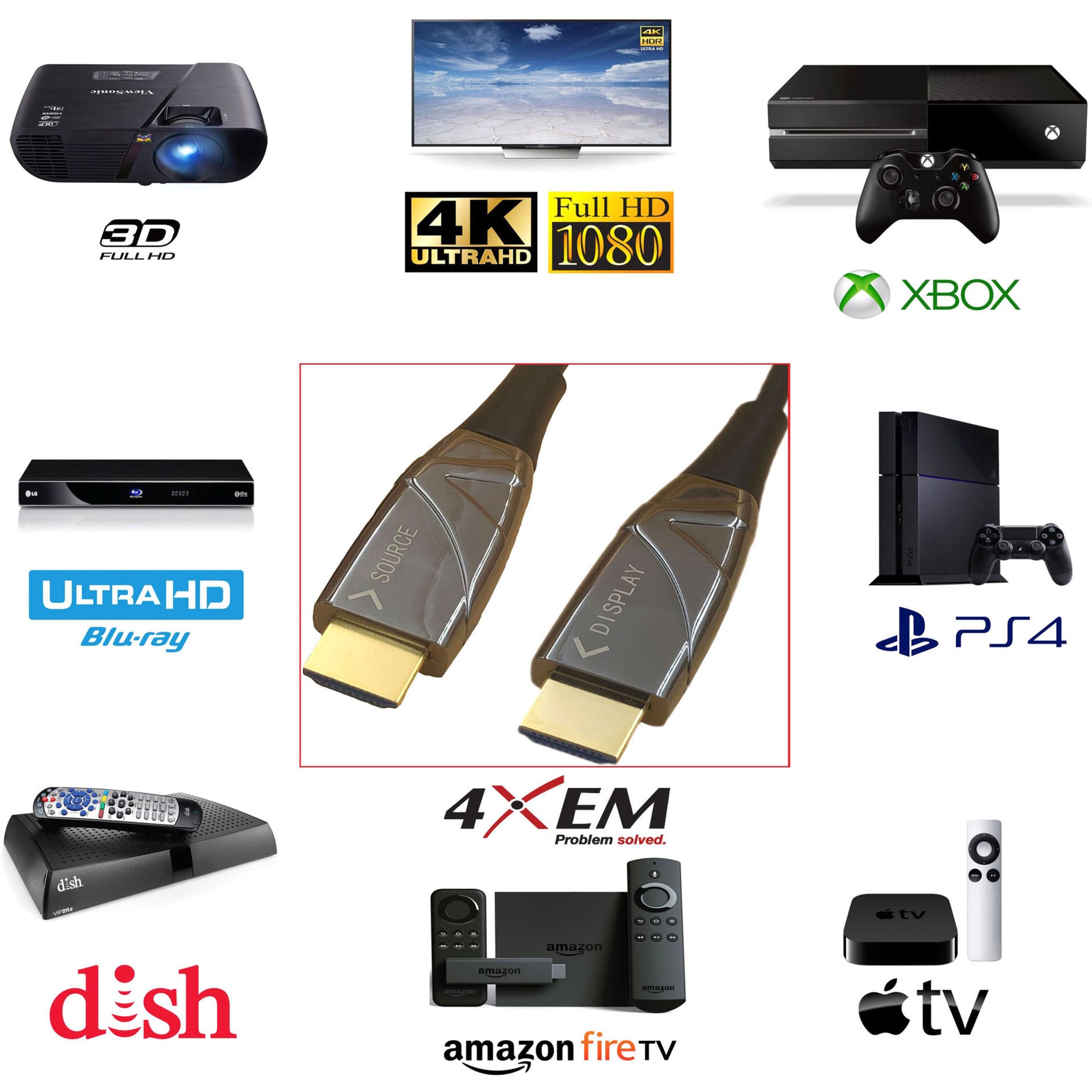4XEM 4XFIBERHDMI100M 100M 330FT Active Optical Fiber 2.0 HDMI, Fire Resistant, 18 Gbit/s, 4096 x 2160, Gold Plated Connectors