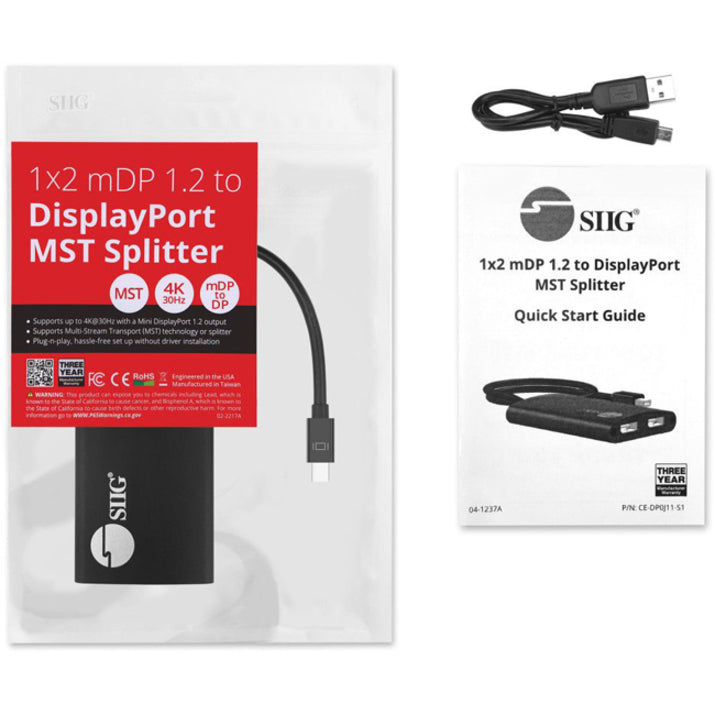 SIIG CE-DP0J11-S1 1x2 mDP 1.2 to DisplayPort MST Splitter, Connect 2 Monitors from a Single Mini DP Port