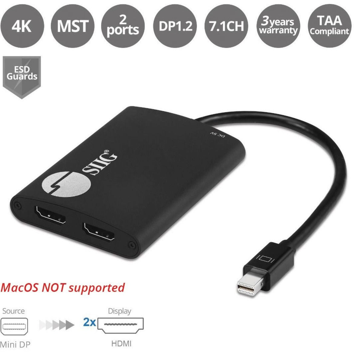 SIIG CE-DP0L11-S1 1x2 mDP 1.2 auf HDMI MST Splitter Verbinden Sie 2 HDMI-Monitore von einem einzigen Mini-DP-1.2-Port