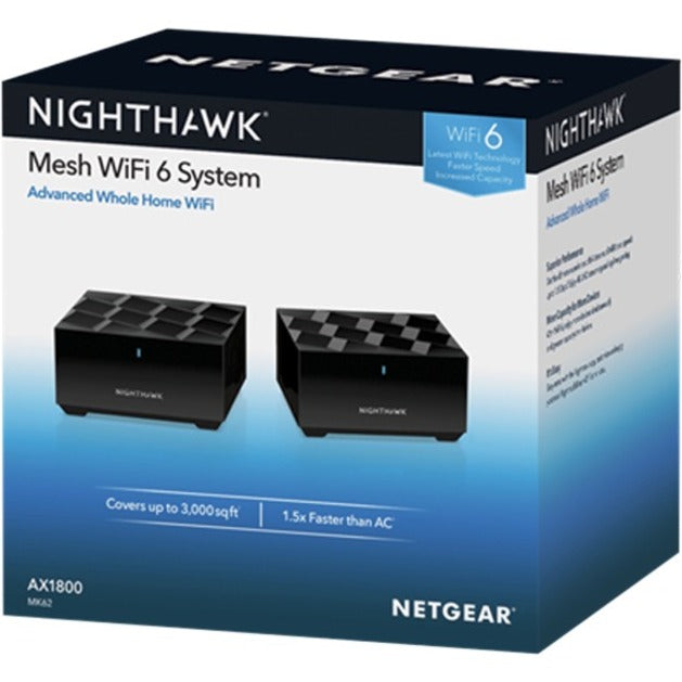 Netgear MK62-100NAS Nighthawk Mesh WiFi 6 System, Whole Home Coverage, Gigabit Ethernet, 225 MB/s