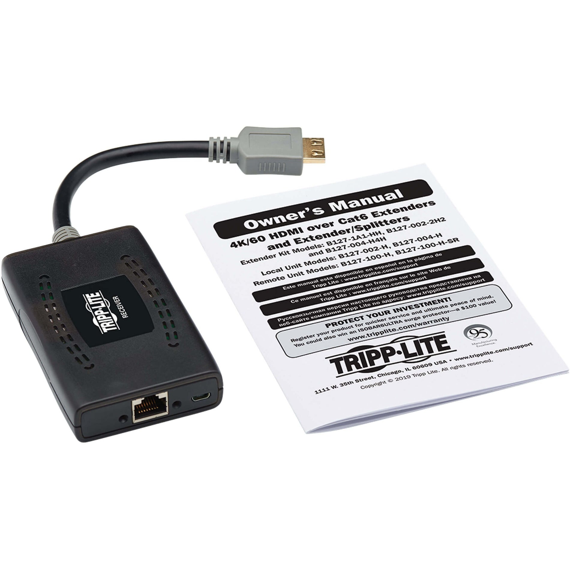 Tripp Lite B127P-100-H-SR HDMI over Cat6 Passive Remote Receiver, 4K Video Extender Receiver, 1 Year Warranty, TAA Compliant, USB, HDMI In, Network (RJ-45), Twisted Pair, Category 6, 49.21 ft Maximum Operating Distance
