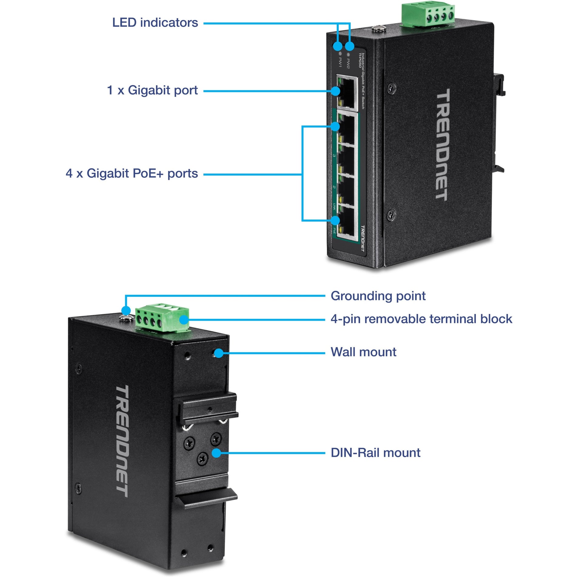 TRENDnet TI-PG50 5-Port Industrial Gigabit PoE + DIN-Rail Switch, Gigabit Ethernet Network Switch
