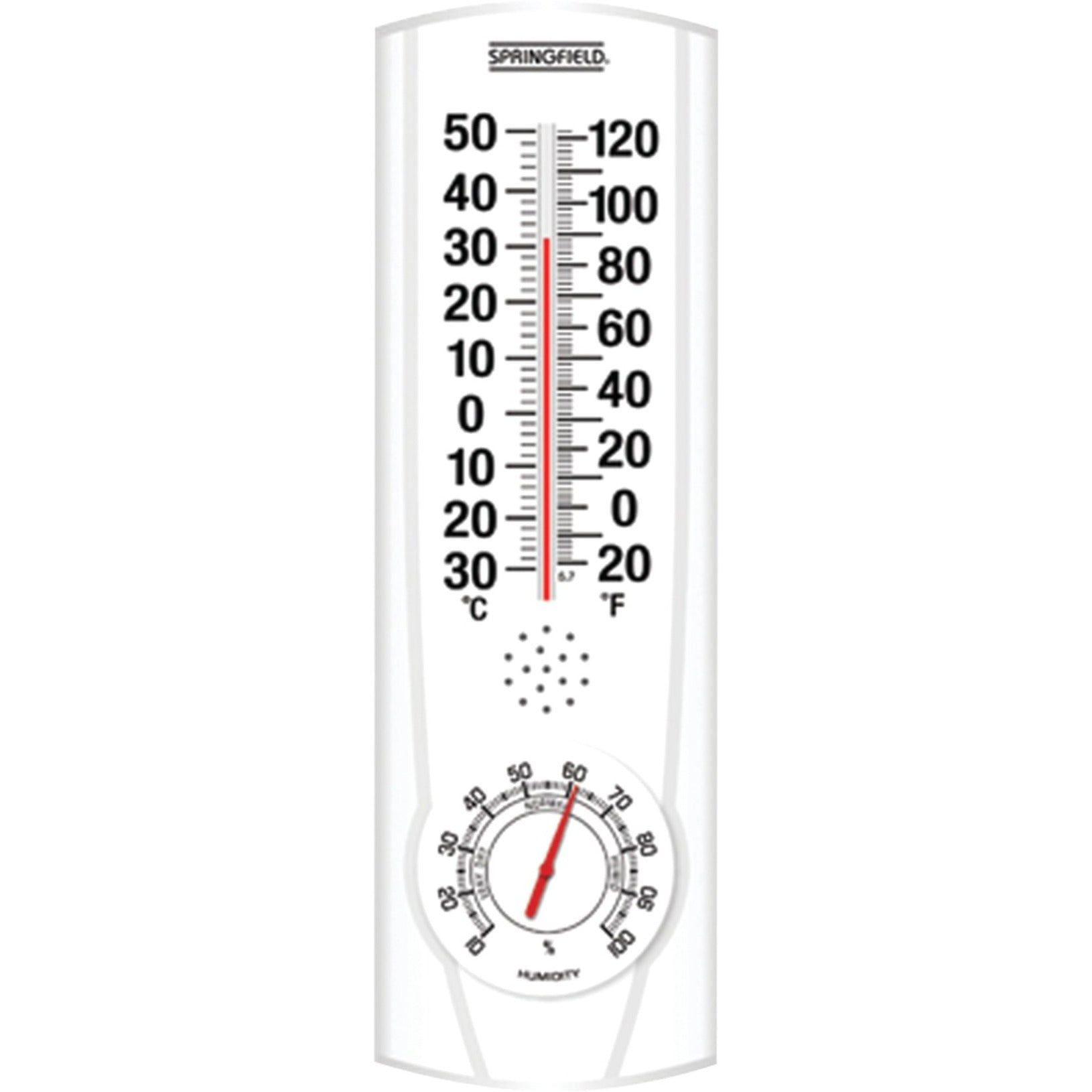 White Springfield thermometer and hygrometer combination showing dual temperature scales and circular humidity meter-alternate-image1