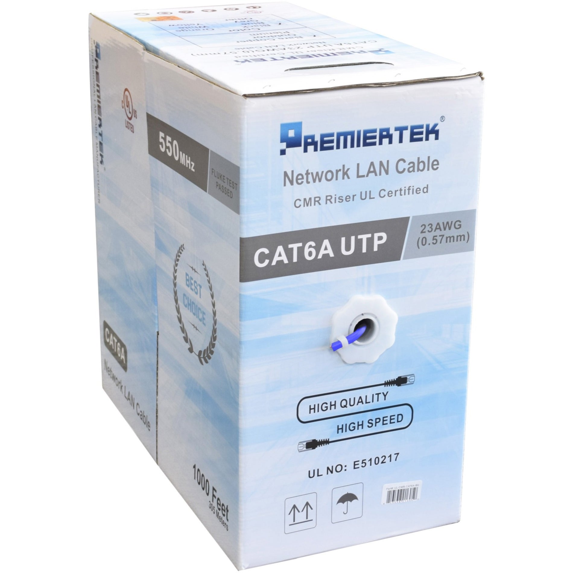 Premiertek UL-CMR-CAT6A-BL CAT6A 1000FT Copper Blue Network Cable, 10 Gbit/s Data Transfer Rate