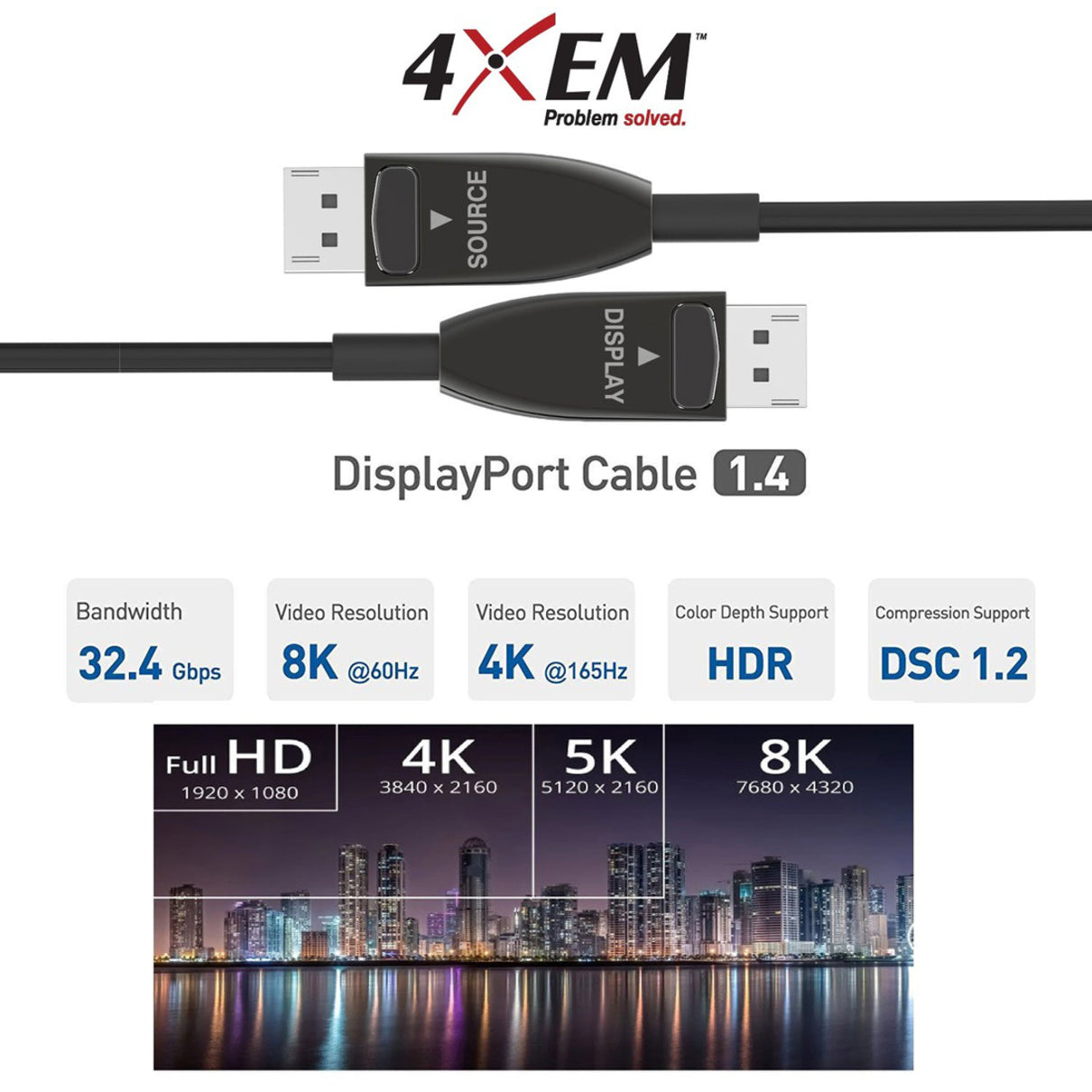 4XEM 4XFIBERDPAOC20M 20M 65ft Active Optical Fiber 1.4 DisplayPort Cable, EMI/RF Protection, 32.4 Gbit/s Data Transfer Rate, 7680 x 4320 Supported Resolution