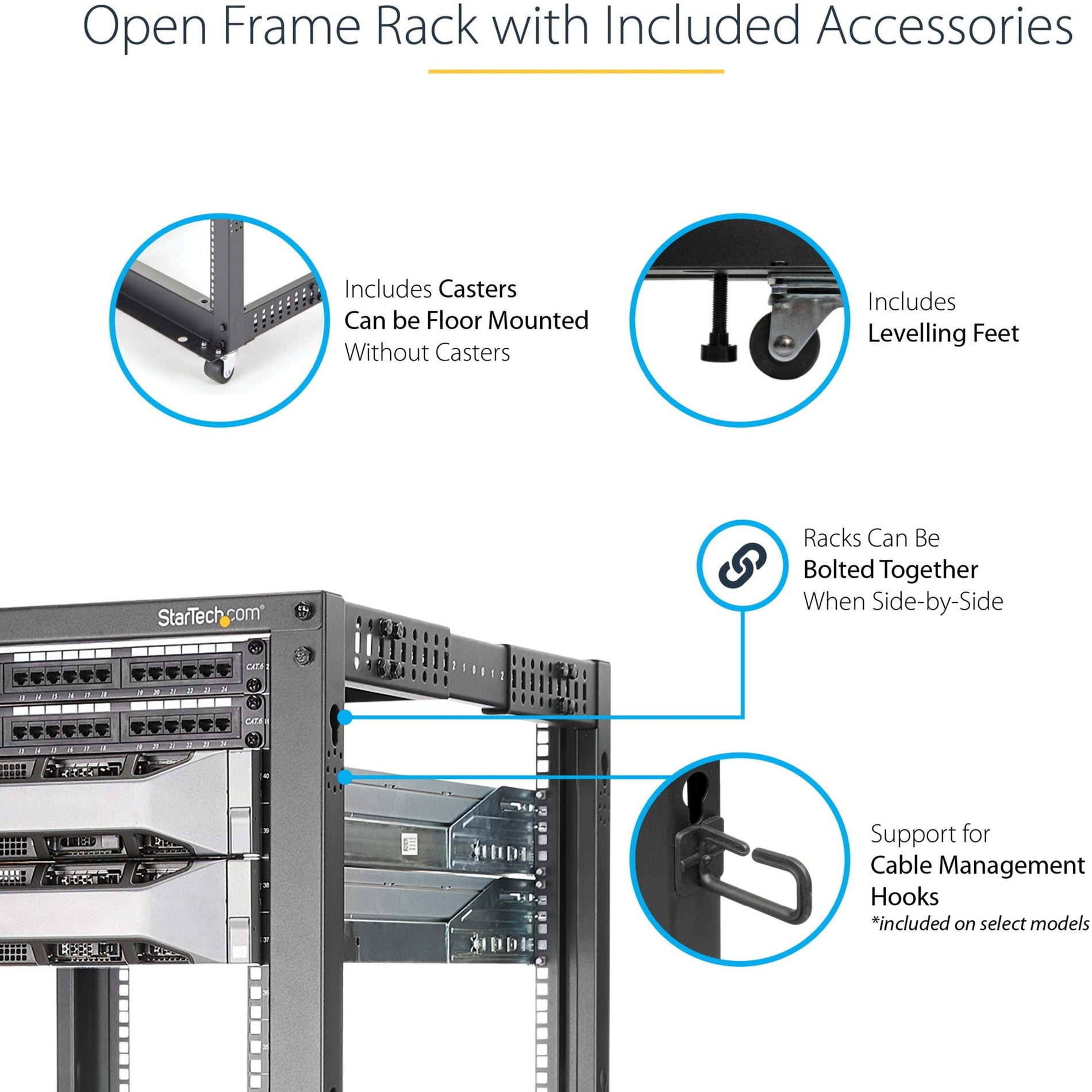 StarTech.com 4POSTRACK15U 15U Open Frame Rack - Adjustable Depth, 1200 lbs Weight Capacity, Includes Casters