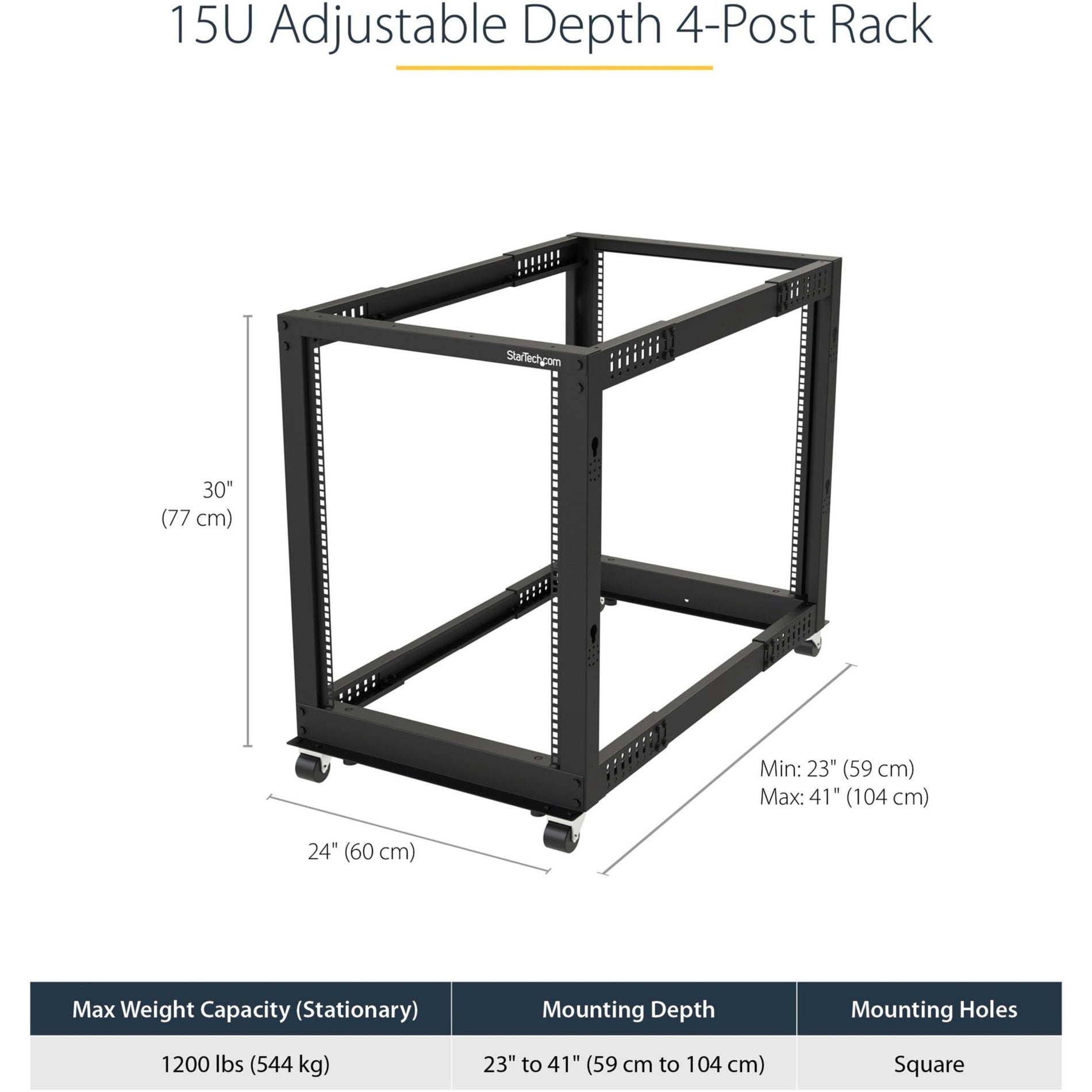 StarTech.com 4POSTRACK15U 15U Open Frame Rack - Adjustable Depth, 1200 lbs Weight Capacity, Includes Casters