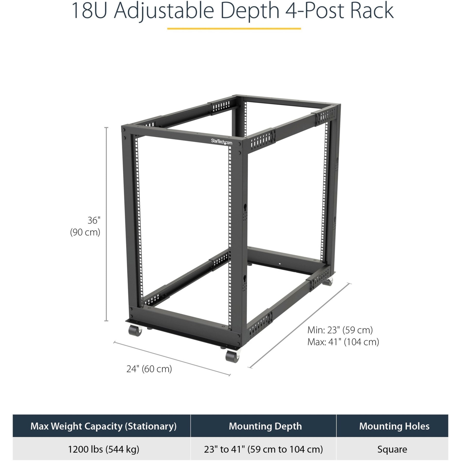 StarTech.com 4POSTRACK18U 18U Open Frame Rack - Adjustable Depth, 1200 lb. Weight Capacity, Includes Casters