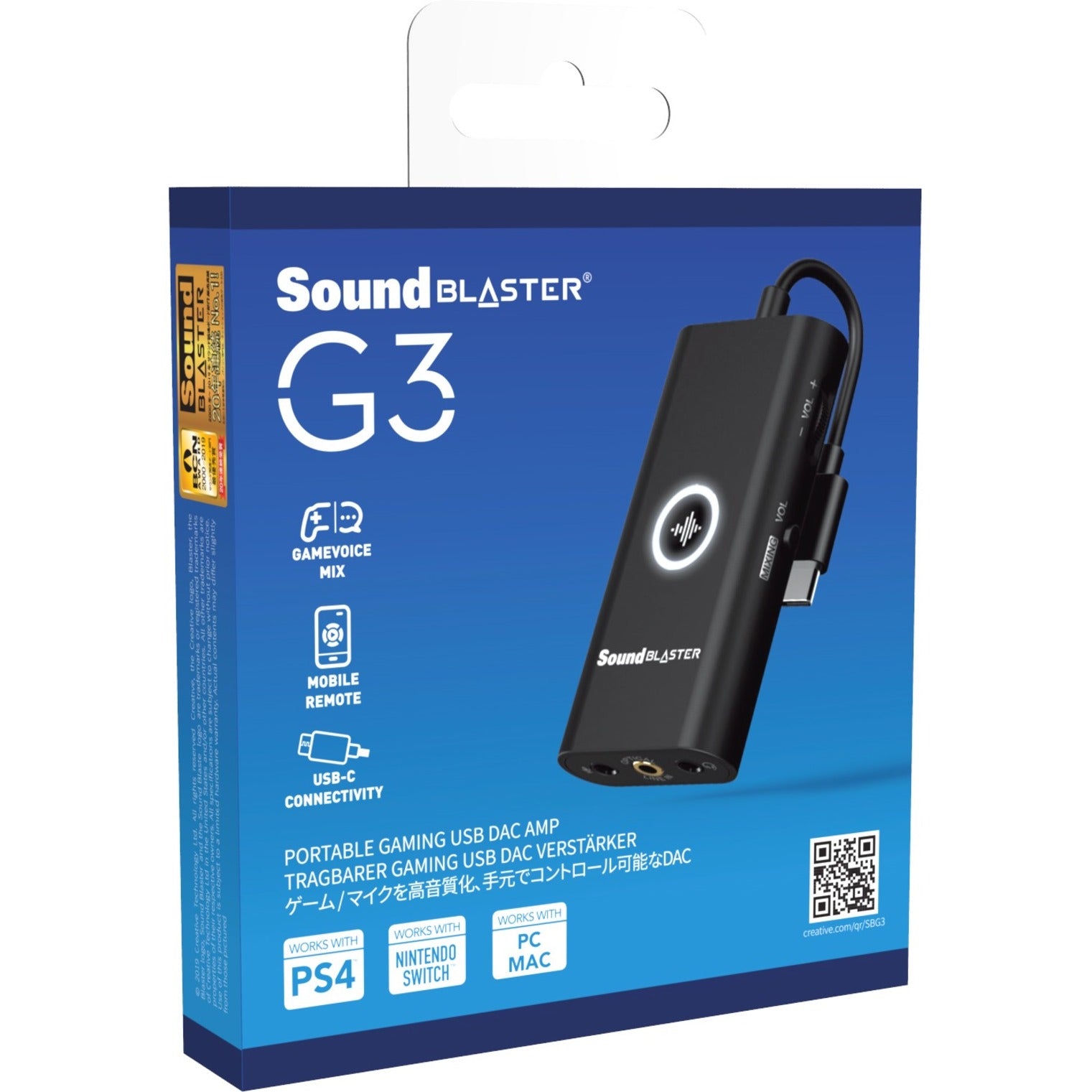 Creative 70SB183000000 Sound Blaster G3 External Sound Box, USB Type C, 7.1 Sound Channels, 100 dB SNR