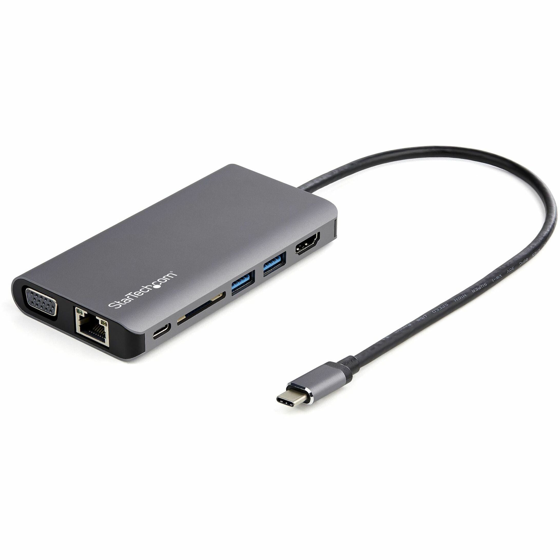 StarTech.com DKT30CHVAUSP USB-C Multiport Adapter with HDMI or VGA - Attached 30 cm Host Cable - 1x USB-C and 2x USB-A - 100W PD includes PD Passthrough - SD Card Reader - USB Type-C Mini Dock