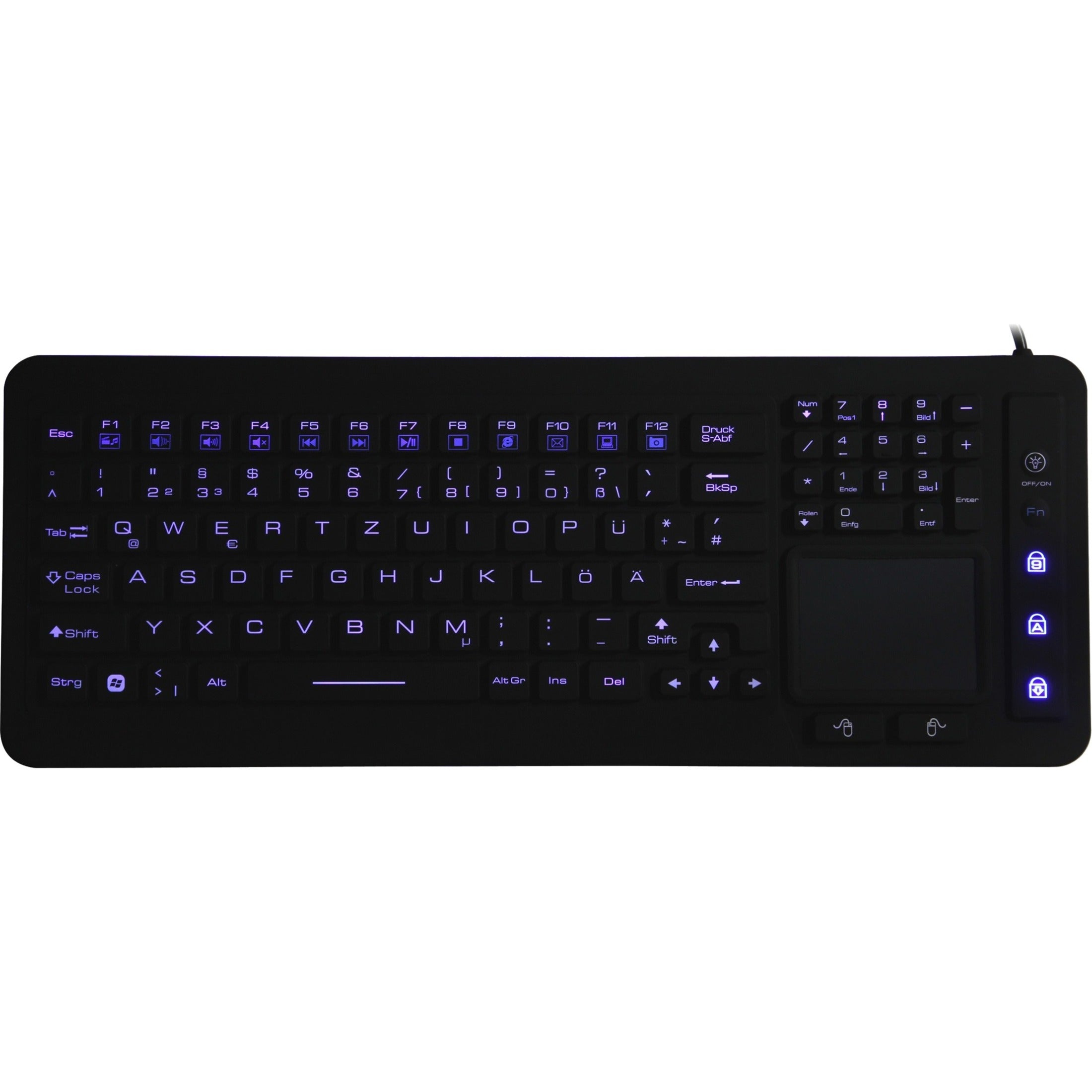 DSI KB-JH-IKB98BL Industrial Silicone Full Size LED Backlit Keyboard, USB Interface, 98 Key, TouchPad, Windows, Black
