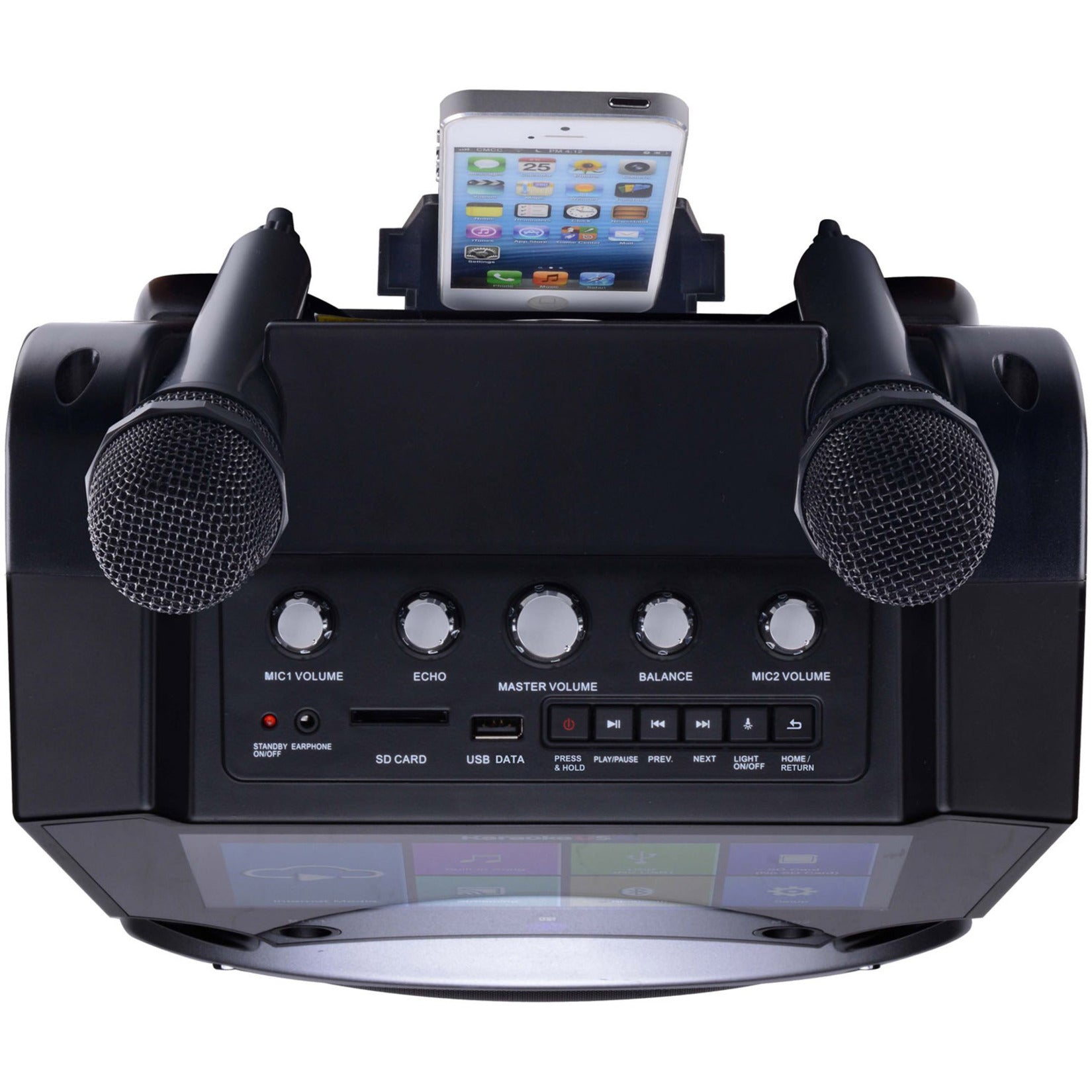 Karaoke USA WK849 Karaoke System, Universal Cradle, 2 Microphones, 120V Power Adaptor, Remote Control