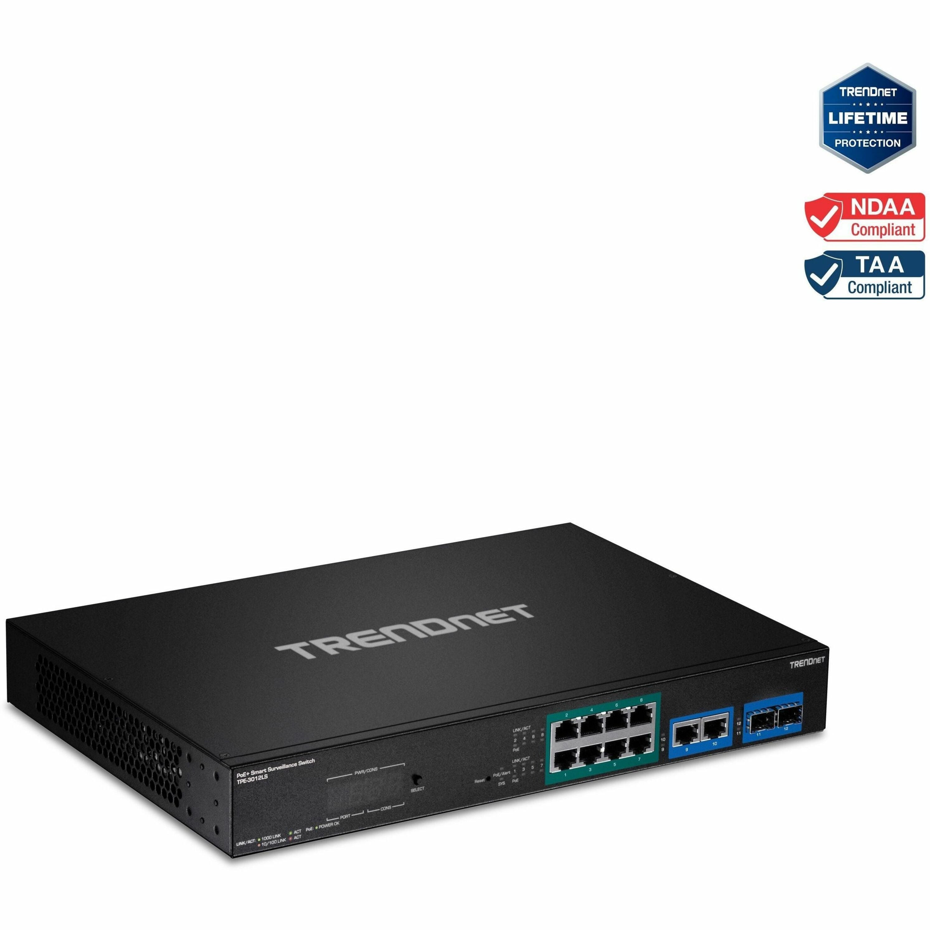 TRENDnet TPE-3012LS 12-Port Gigabit PoE+ Smart Surveillance Switch, 8 x Gigabit PoE+ Ports, 2 x Gigabit Ports, 2 x SFP Slots, 110W PoE Budget, Long Range PoE+, VLAN, QoS, LACP, ONVIF