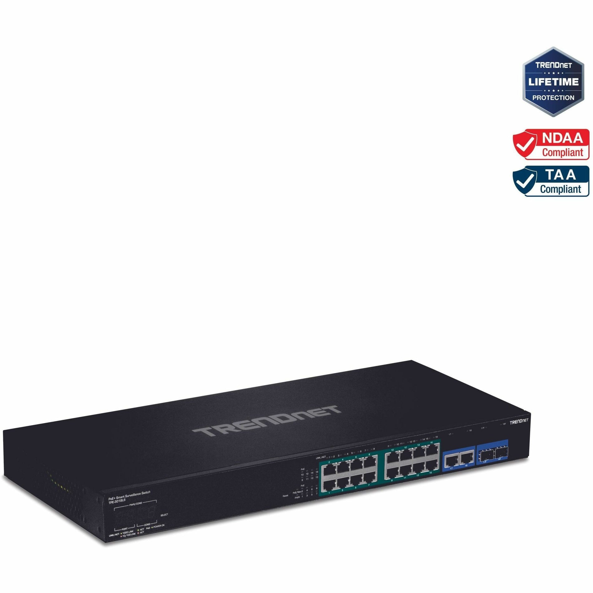 TRENDnet TPE-3018LS 18-Port Gigabit PoE+ Smart Surveillance Switch, 16 x Gigabit PoE+ Ports, 2 x Shared Gigabit Ports (RJ-45 or SFP), 220W PoE Budget, Long Range PoE+, VLAN, QoS, LACP, ONVIF