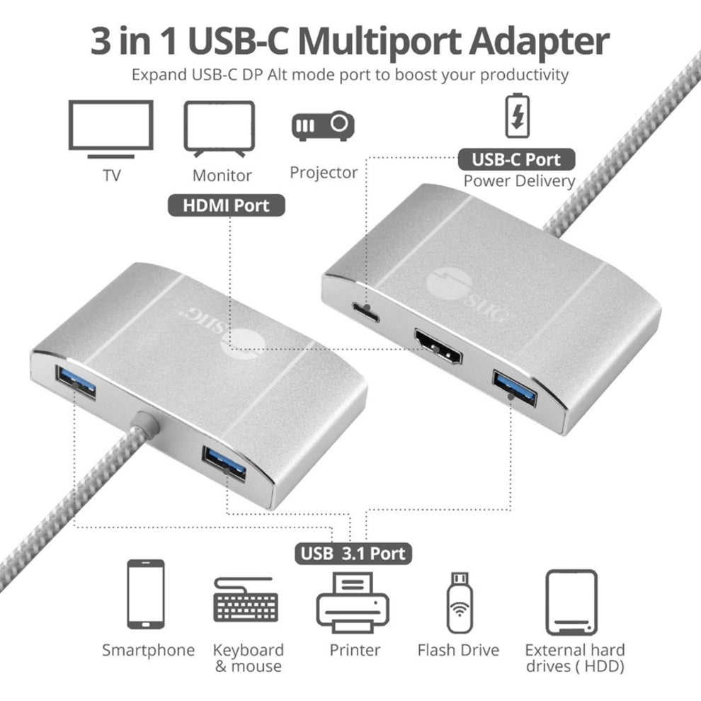 SIIG JU-H30612-S2 USB 3.1 Type-C Hub with HDMI & PD Charging Adapter - 4K Ready, 4 USB Ports, 85W Power Supply