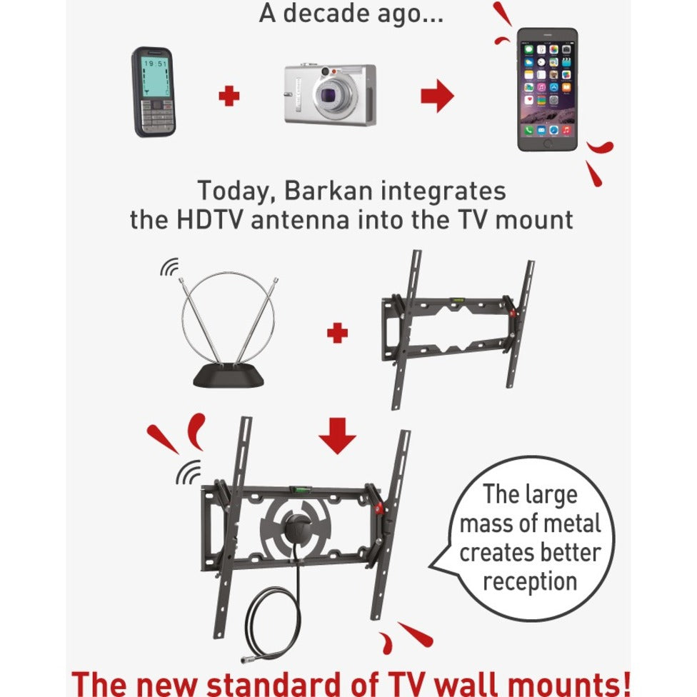 Barkan TVA31 Tilt TV Wall Mount with Integrated HDTV Indoor Antenna for 19-65" Screens, Auto Lock