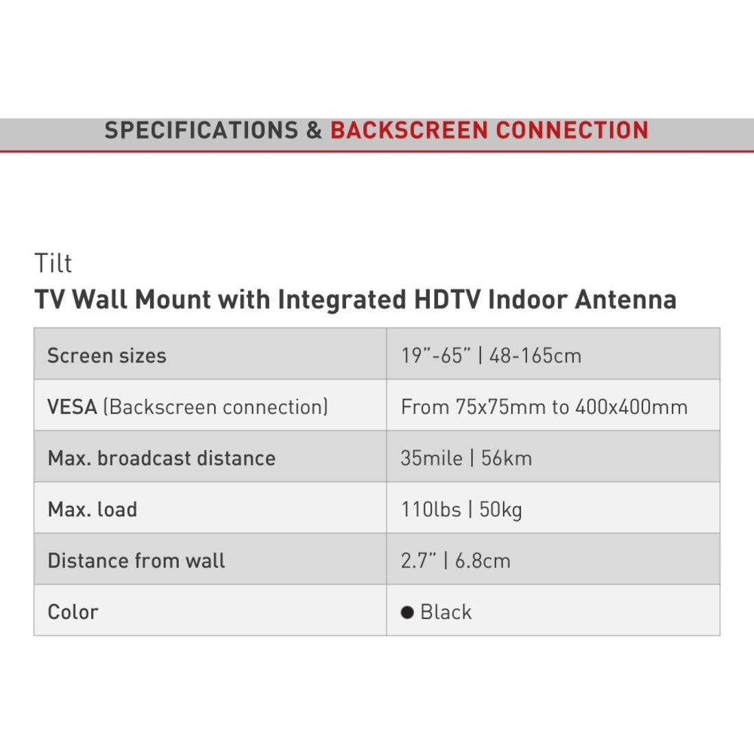 Barkan TVA31 Tilt TV Wall Mount with Integrated HDTV Indoor Antenna for 19-65" Screens, Auto Lock