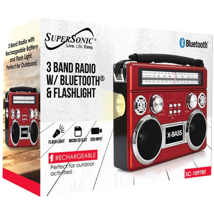 Supersonic SC-1097BT Portable 3 Band Radio with Bluetooth and Flashlight