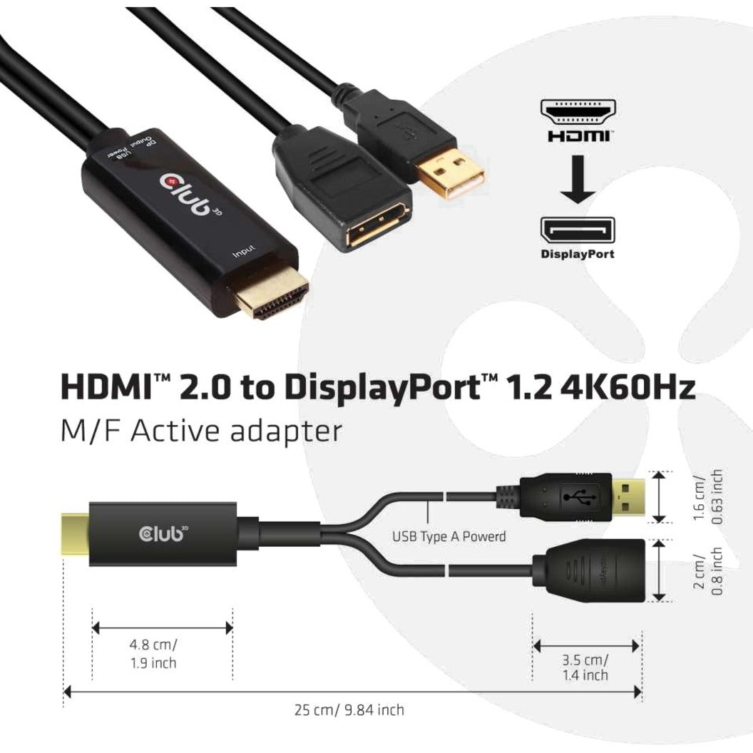 Club 3D CAC-1331 HDMI to DisplayPort 4K60Hz M/F Active Adapter, Gold-Plated, 9.84" Cable Length