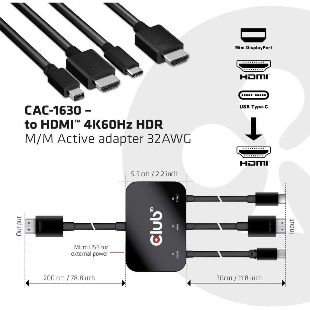 Club 3D CAC-1630 Mini DisplayPort/HDMI/USB-C Audio/Video Adapter, Active, Plug and Play, HDCP, 3840 x 2160 Resolution Supported