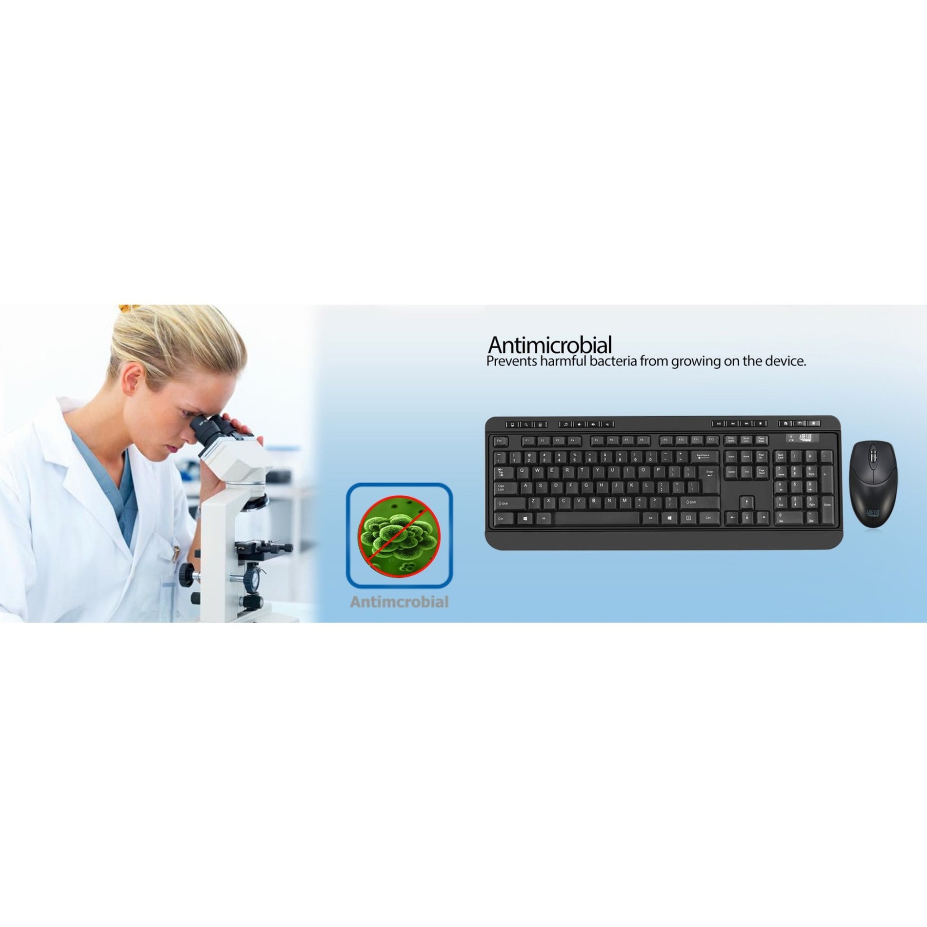 Adesso WKB-1320CB Antimicrobial Wireless Desktop Keyboard and Mouse, Ergonomic, Quiet Keys, 2-Year Warranty