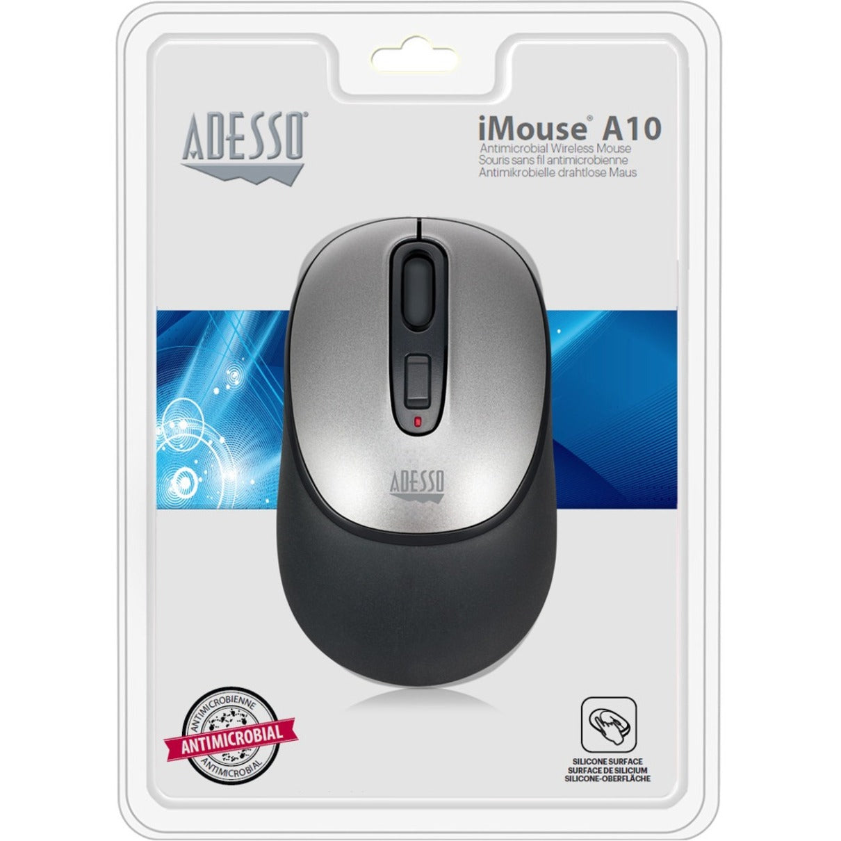 Adesso IMOUSE A10 Antimicrobial Wireless Mouse, Ergonomic Fit, 1600 dpi, 2.4 GHz