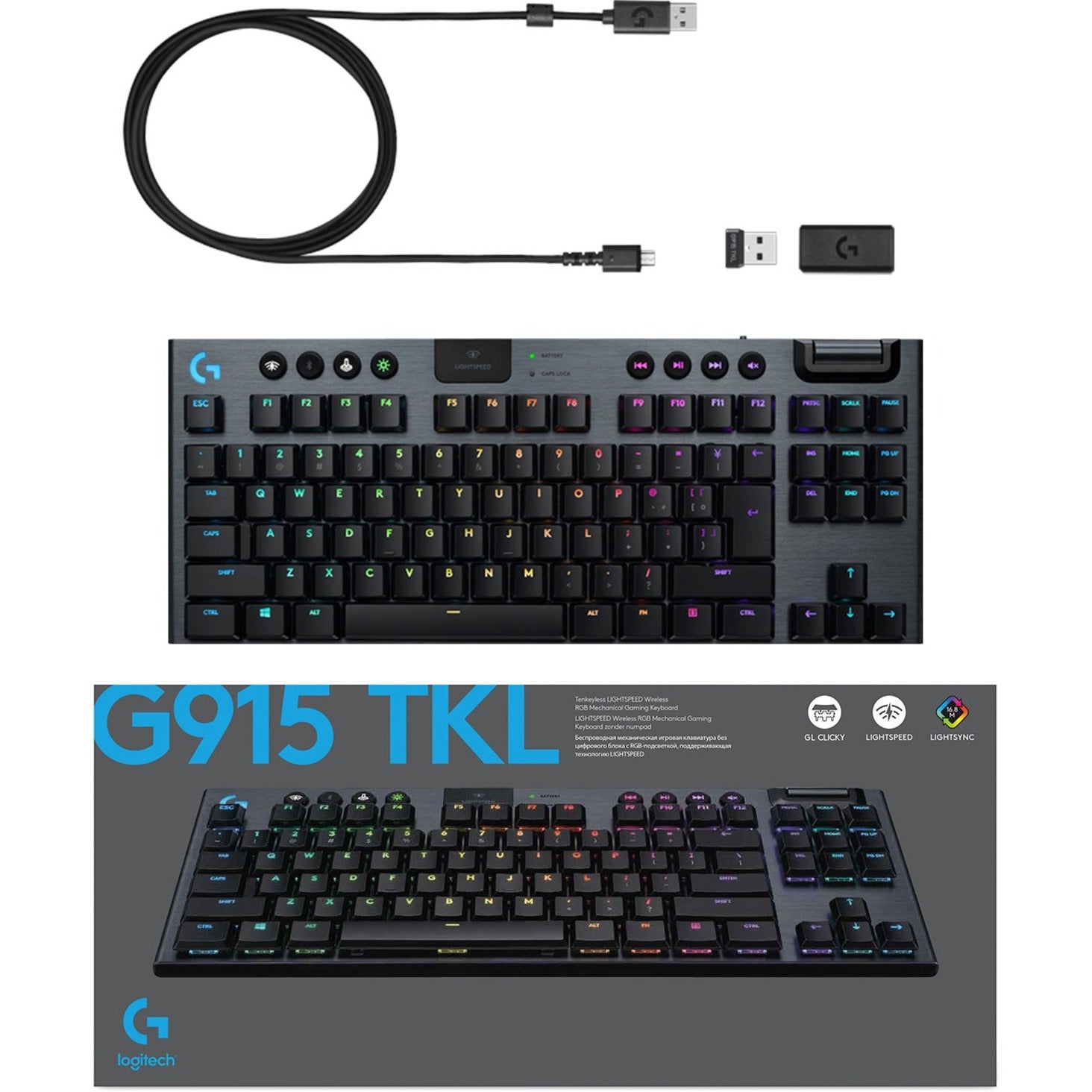 Logitech 920-009512 G915 TKL Tenkeyless Lightspeed Wireless RGB Mechanical Gaming Keyboard, Rechargeable, Low-profile Keys, Compact Keyboard
