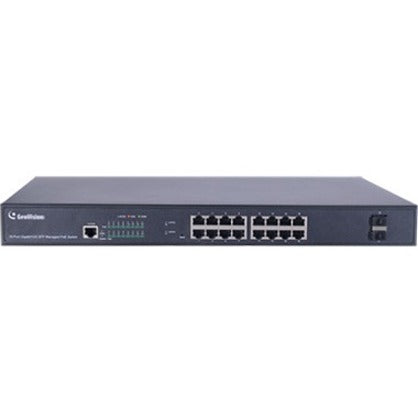 GeoVision GV-APOE1611 16-Port Gigabit 802.3at Web Management PoE Switch, 2 Gigabit Uplink Ports, 16 Gigabit Ethernet PoE+, Power Supply and PoE, 330W Power Consumption