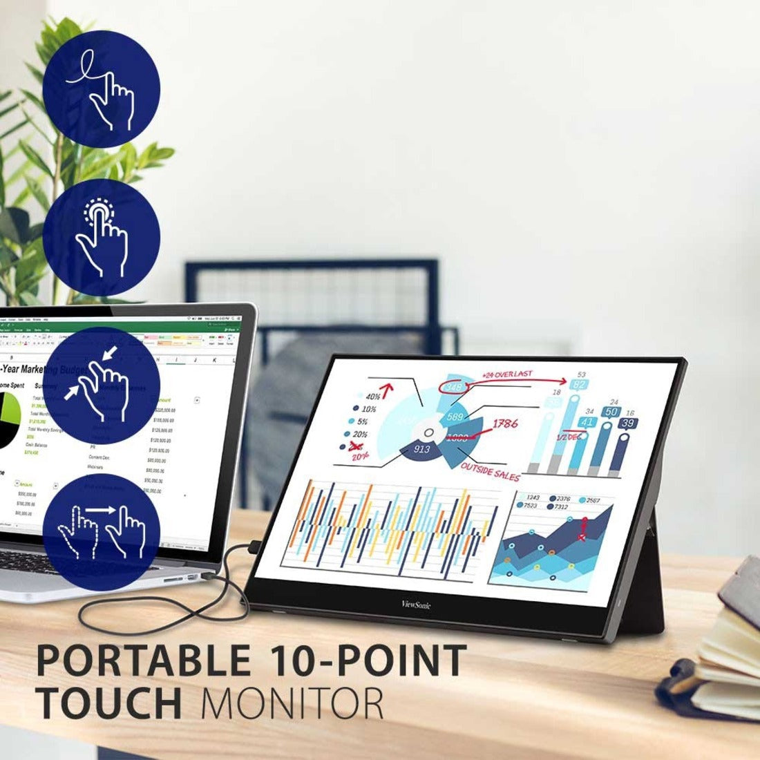 ViewSonic TD1655 Touchscreen LCD Monitor, 15.6" Portable Touch Display with FHD 1080p, 2-Way Power with USB Type-C