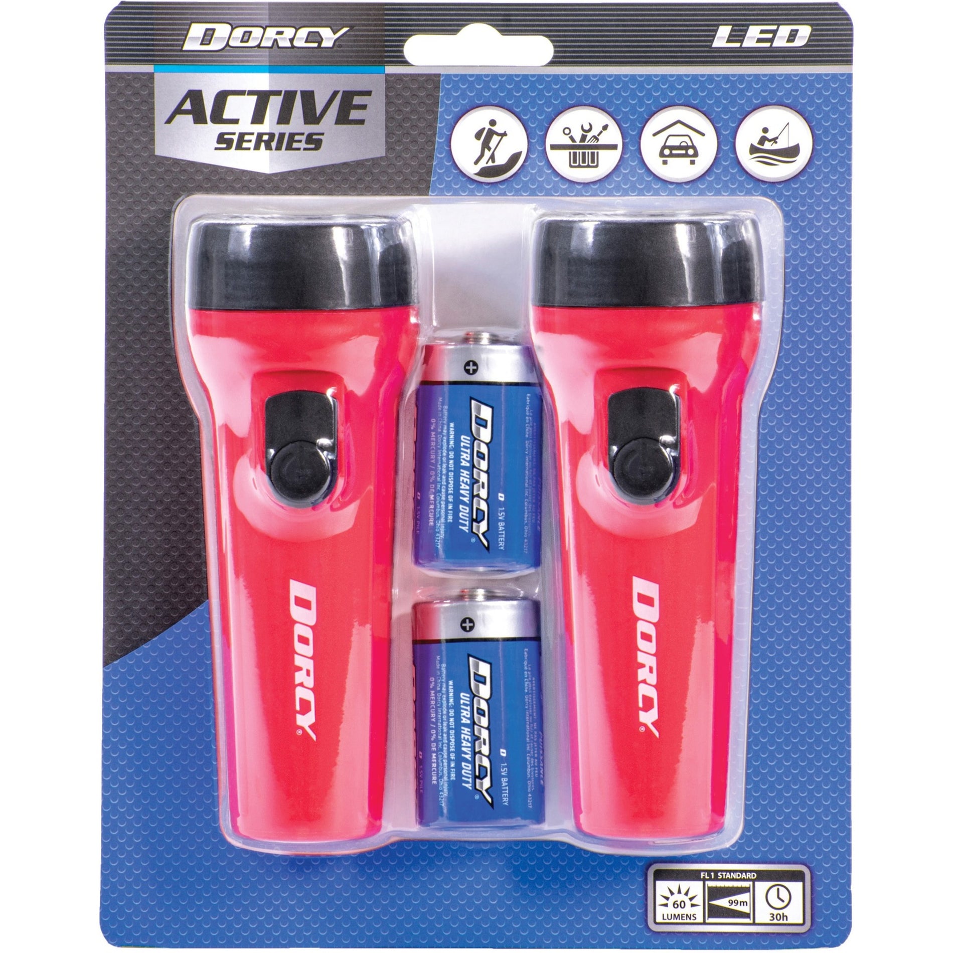 Dorcy 412594 LED Flashlights Pack, D Battery, Plastic, Blue, Weather Resistant, 50 Hour Battery Life