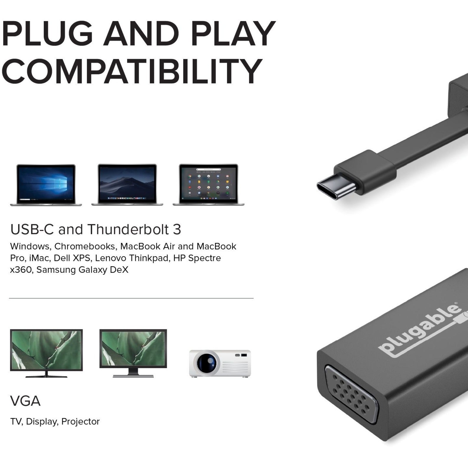 Plugable USBC-TVGA USB-C to VGA Adapter, Plug and Play, 1920 x 1200 Resolution Supported