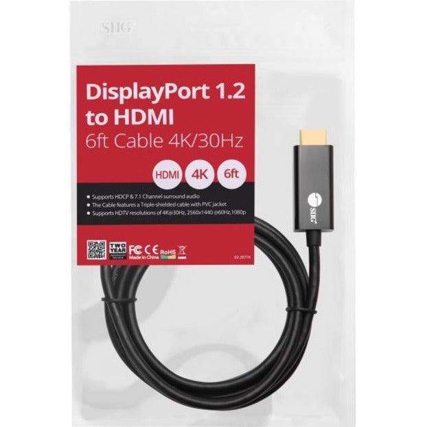 SIIG CB-DP1Q12-S1 DisplayPort 1.2 To HDMI 6ft Cable 4K/30Hz, Plug & Play, Gold-Plated Connectors