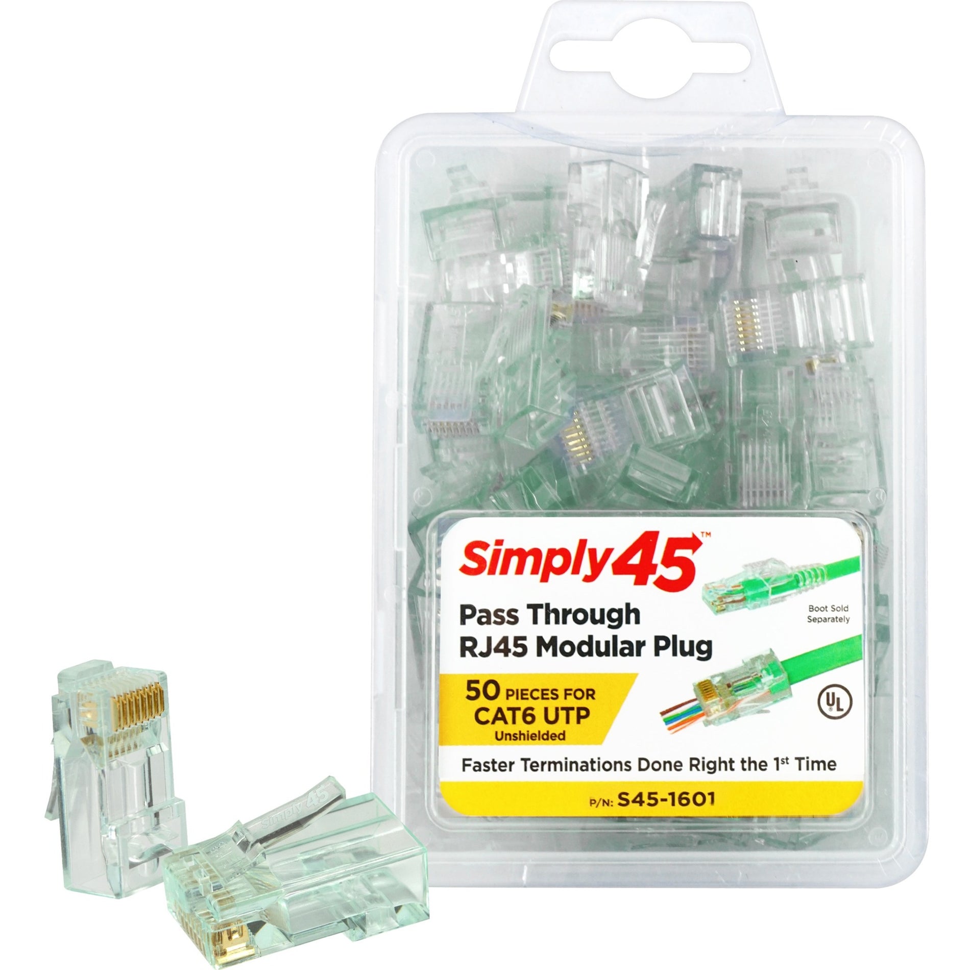 SIMPLY45 S45-1601 1601 - Cat6 Unshielded - Pass Through TJ45 - 50pc Clamshell, Stranded, Crosstalk Protection, PoE, Fire Resistant, Green Tint