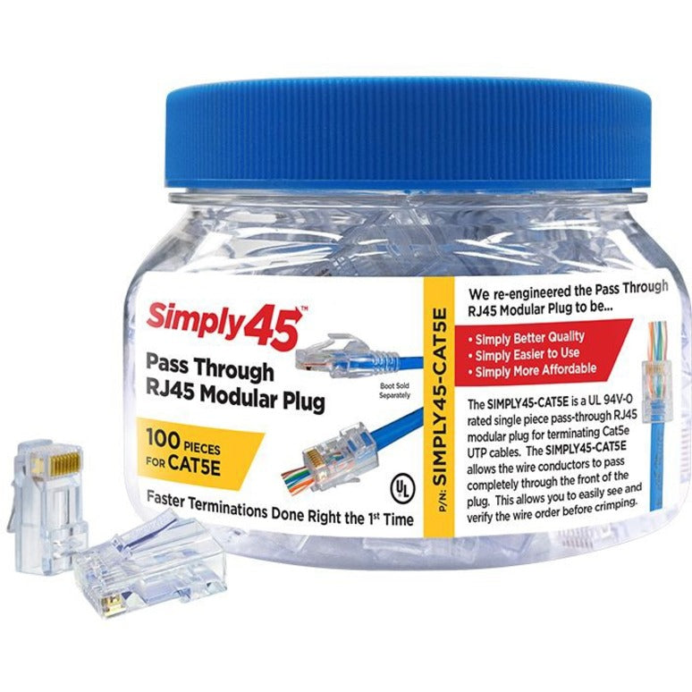 Simply45 S45-1500 Cat5e pass-through RJ45 modular plugs in a clear jar with blue cap, showing product specifications and sample connectors-alternate-image1