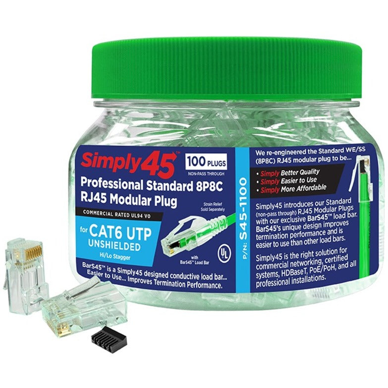 Simply45 S45-1100 Cat6 UTP connector kit showing clear storage jar with green lid containing 100 RJ45 plugs and BarS45 load bars-alternate-image1