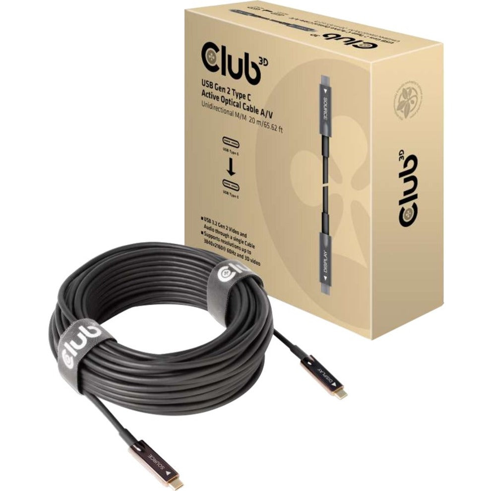 Club 3D CAC-1589 USB Gen 2 Type C Active Optical Cable A/V Unidirectional M/M 20m/65.62ft, Reversible, 3840 x 2160 Supported Resolution