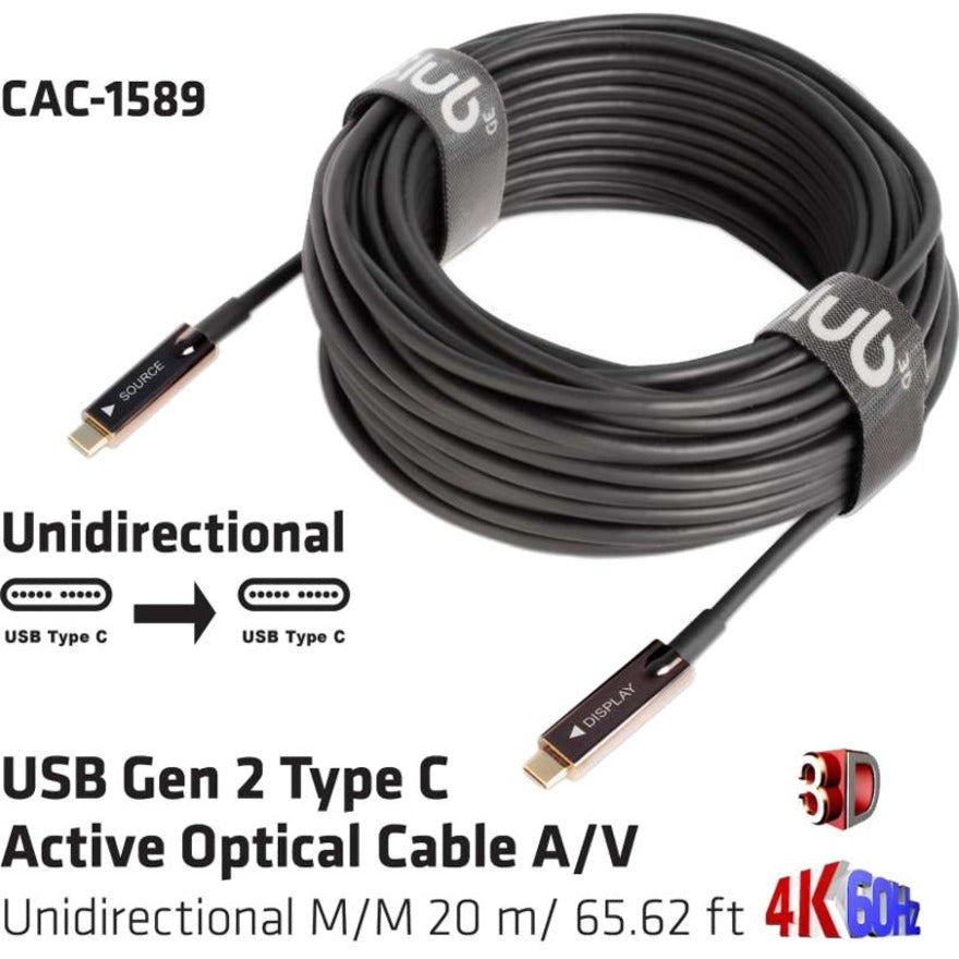 Club 3D CAC-1589 USB Gen 2 Type C Active Optical Cable A/V Unidirectional M/M 20m/65.62ft, Reversible, 3840 x 2160 Supported Resolution