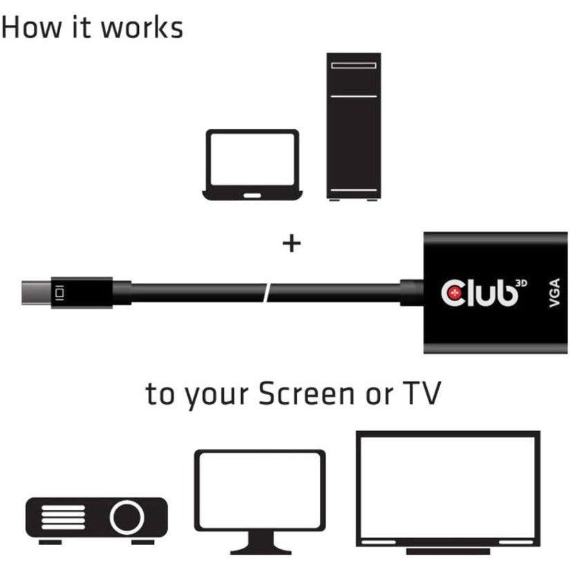 Club 3D CAC-2113 MiniDisplayPort to VGA Black Active Adapter M/F, Plug and Play, EMI Protection