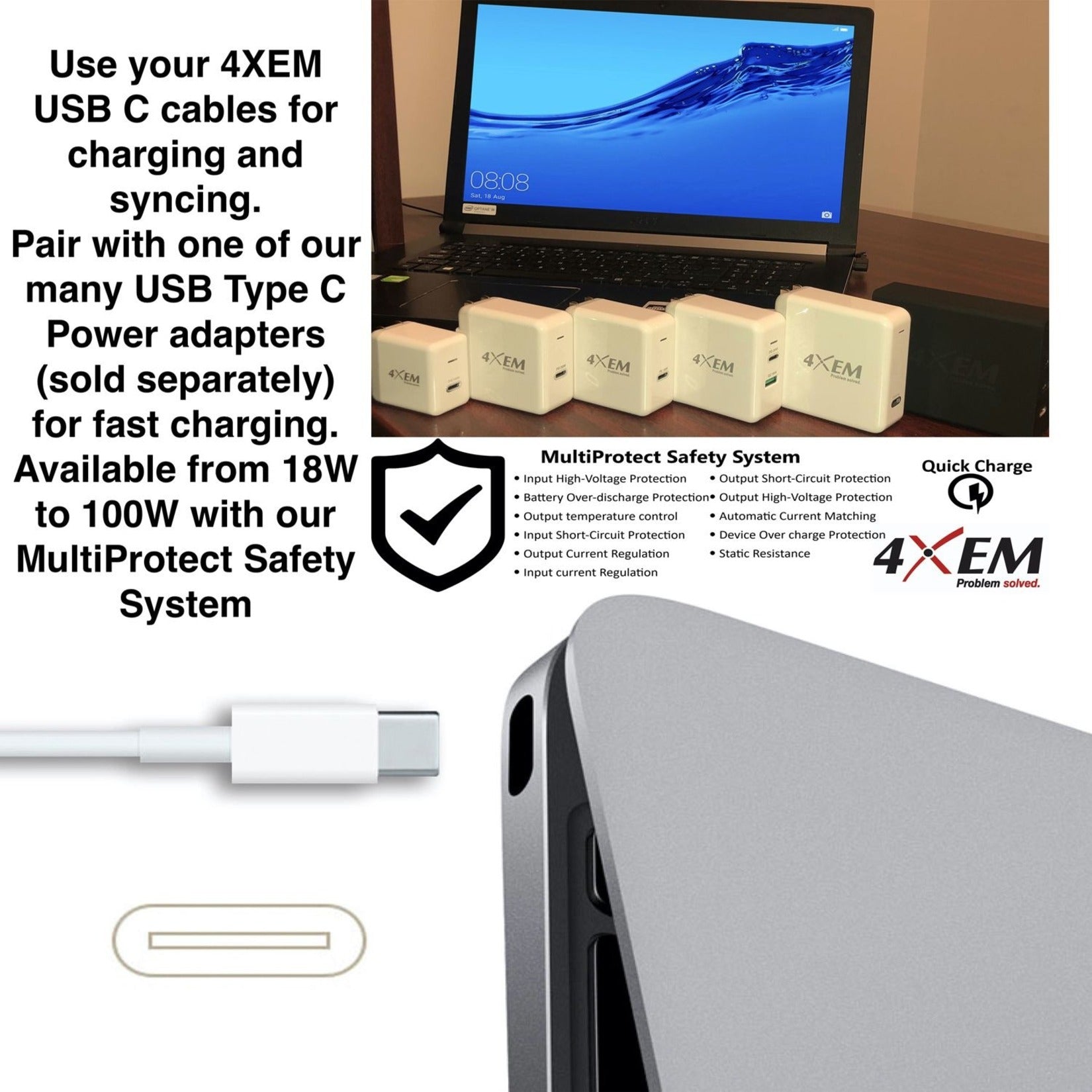4XEM 4XUSBCC31G23W 3FT/1M USB-C To USB-C Cable M/M USB 3.1 Gen 2 10GBPS, Reversible Charging, E-marker Chip, White